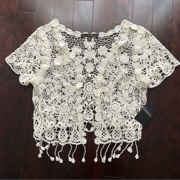 Fever Tops - Fever Women’s Lace Mesh Cover Up Open Front Top Cream White Size Medium NWT